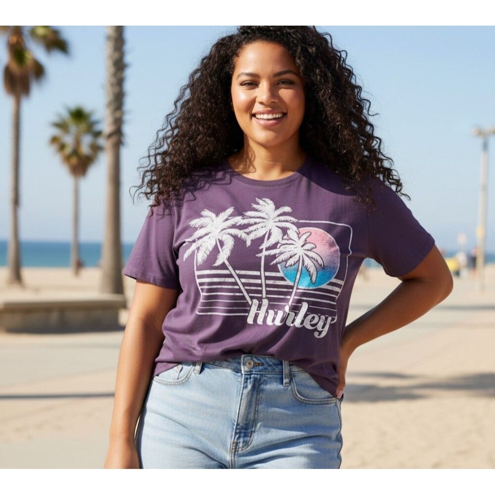 NWT Hurley Plus Size 1X T-Shirt Top Short Sleeve Crew Neck Purple Graphic Print